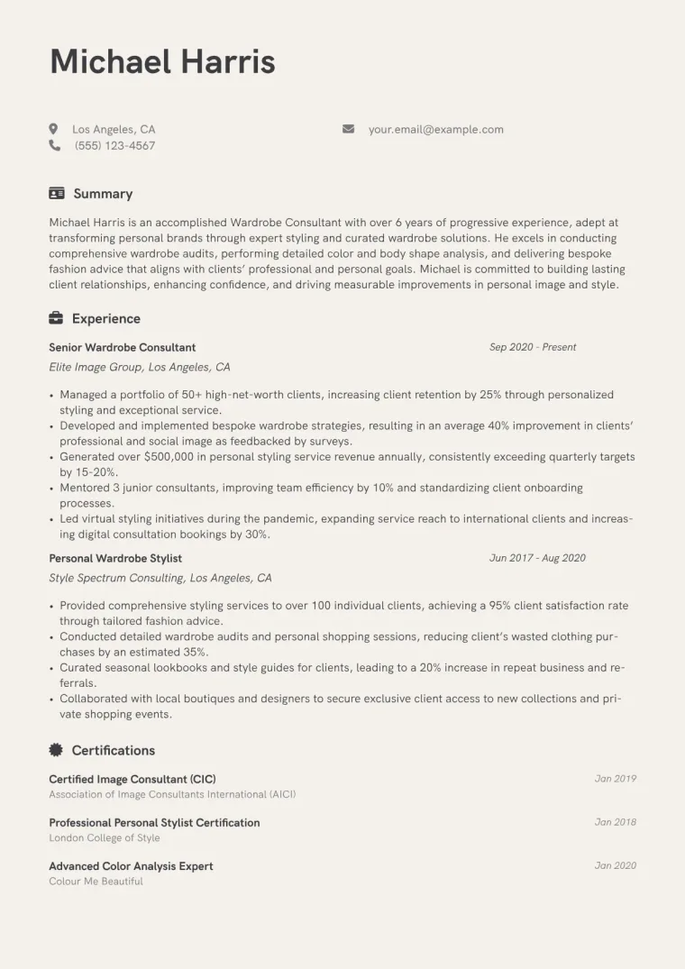 Wardrobe Consultant Resume Example CV template preview