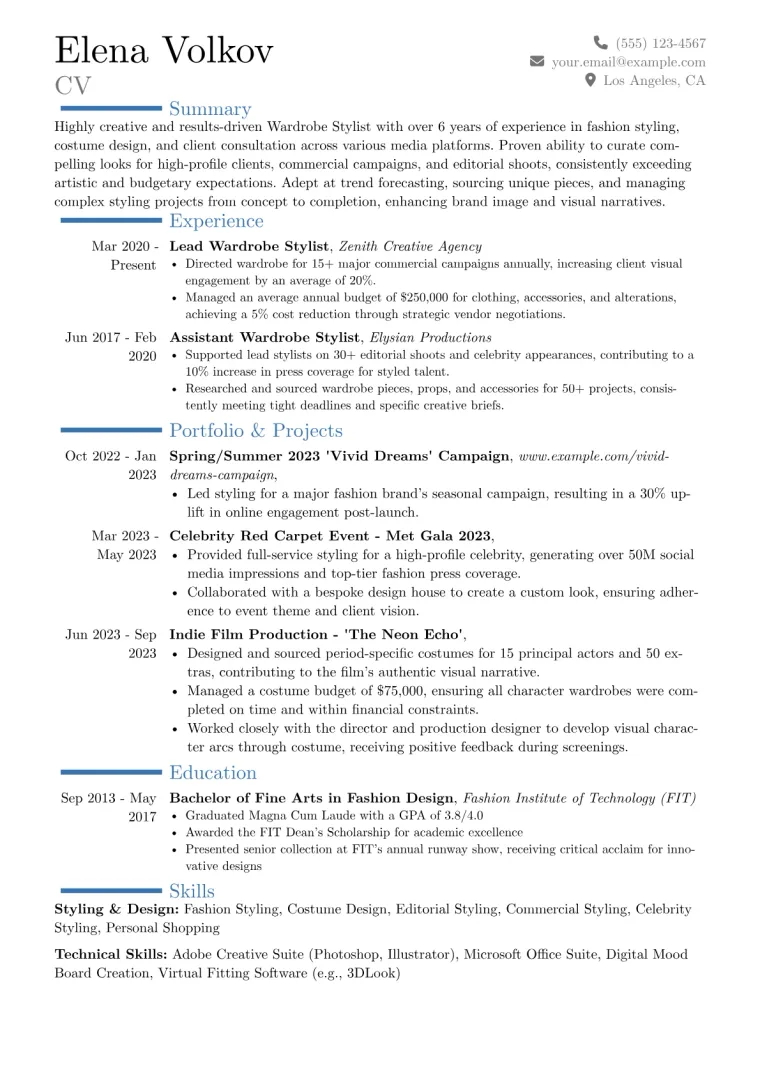 Wardrobe Stylist Resume Example CV template preview