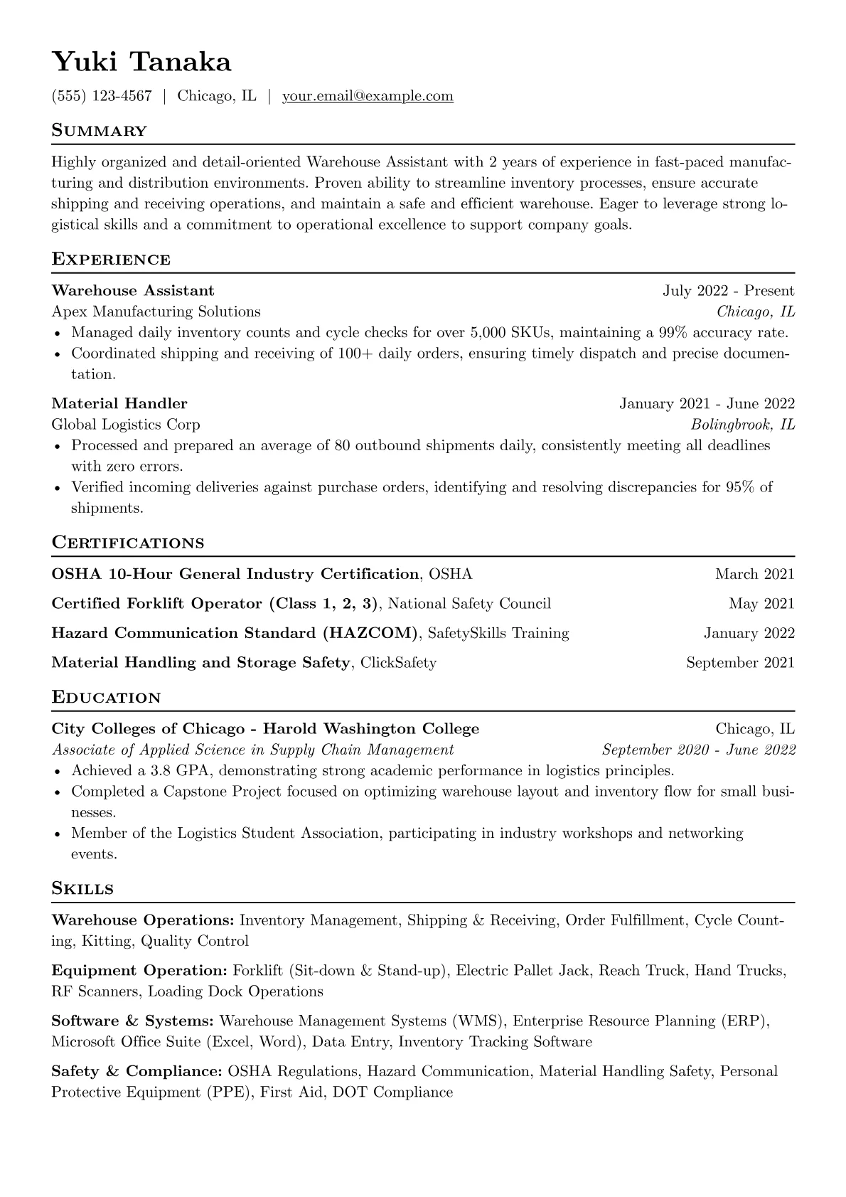 Warehouse Assistant Resume Example CV template - Page 1