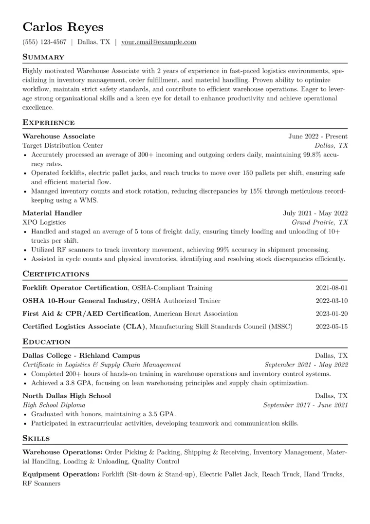 Warehouse Associate Resume Example CV template preview