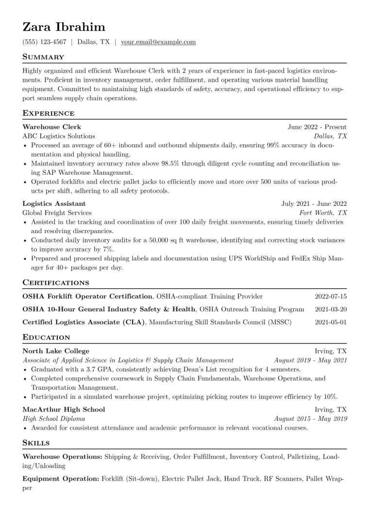 Warehouse Clerk Resume Example CV template preview