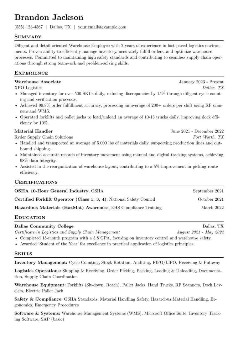 Warehouse Employee Resume Example CV template preview