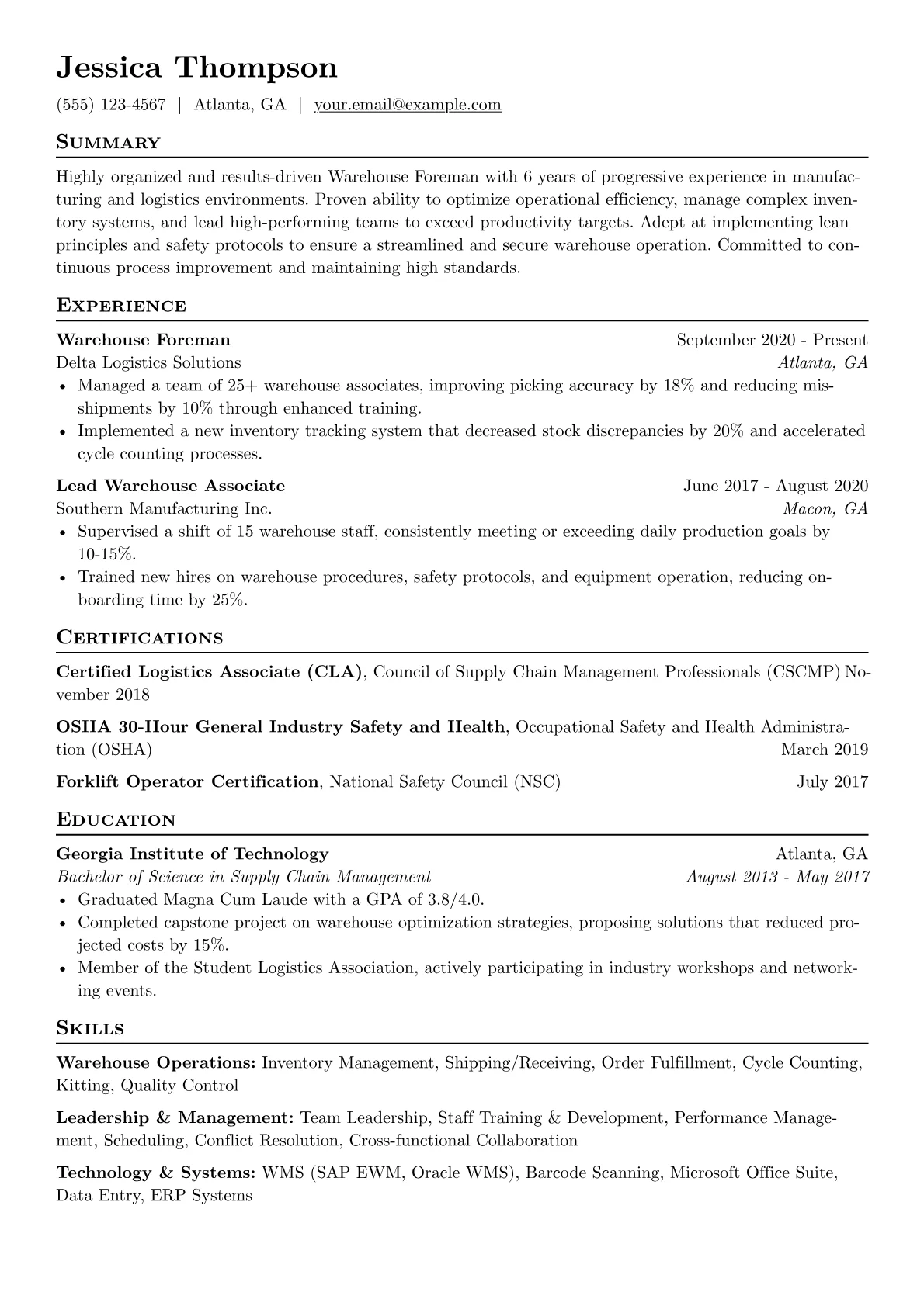 Warehouse Foreman Resume Example CV template - Page 1