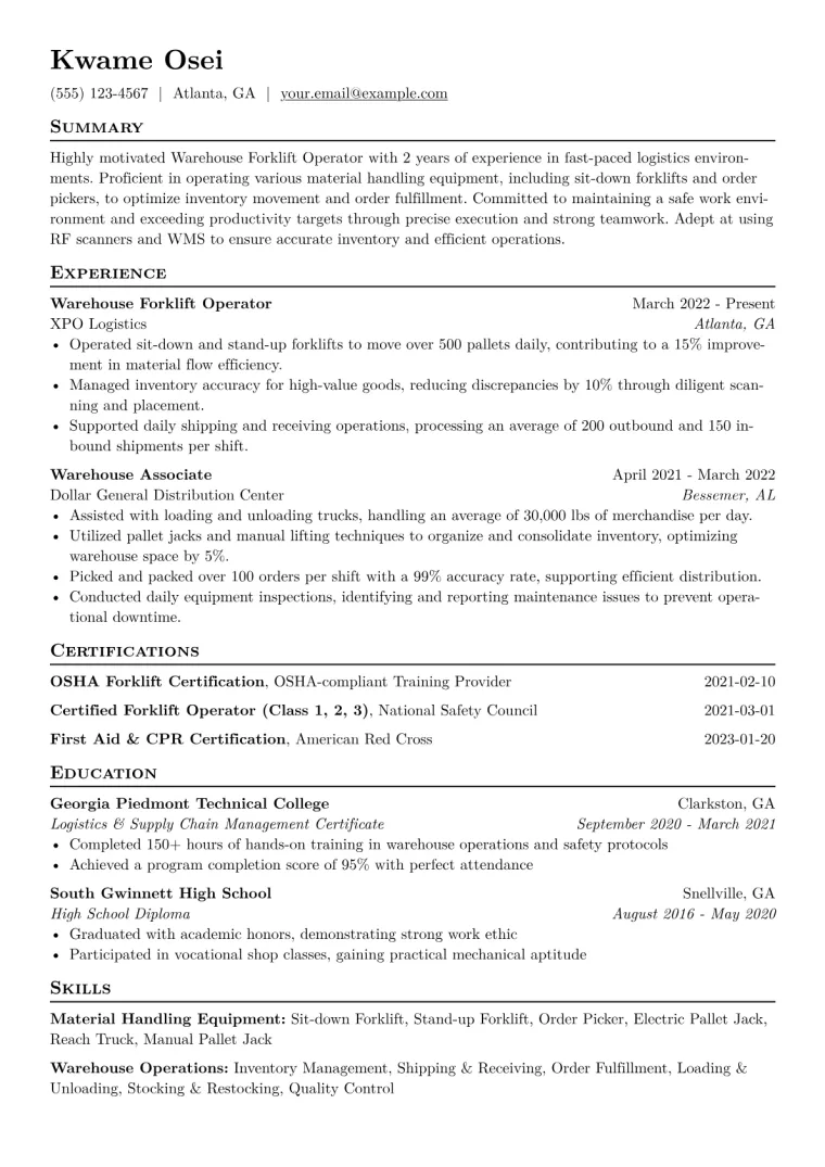 Warehouse Forklift Operator Resume Example CV template preview