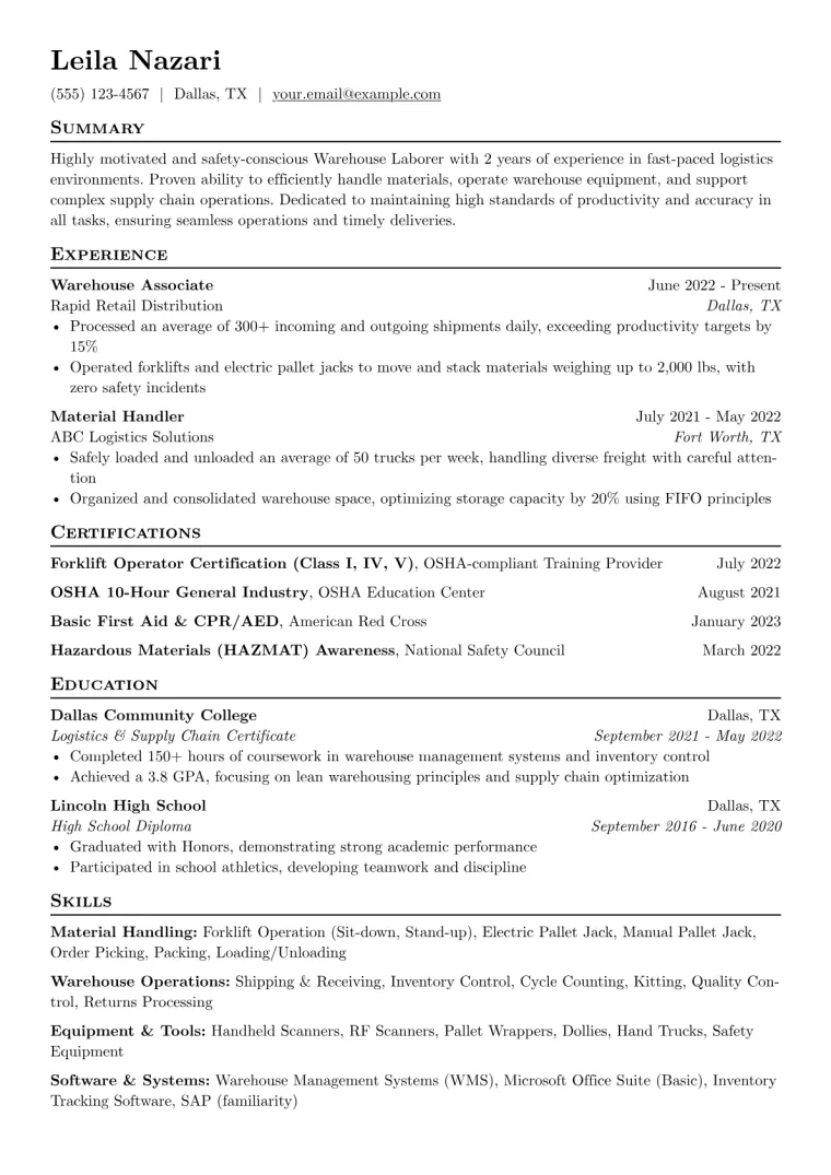Warehouse Laborer Resume Example CV template preview