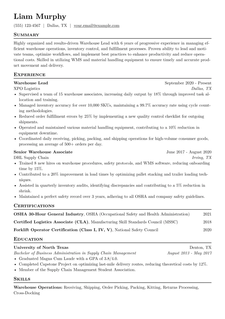 Warehouse Lead Resume Example CV template preview
