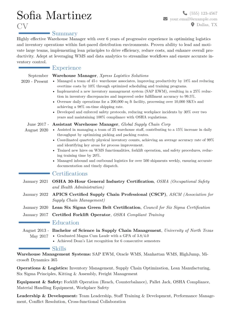 Warehouse Manager Resume Example CV template preview