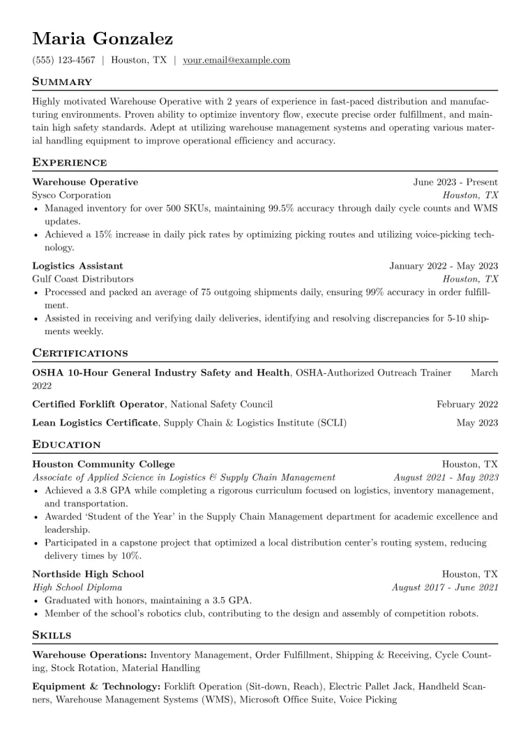 Warehouse Operative Resume Example CV template preview