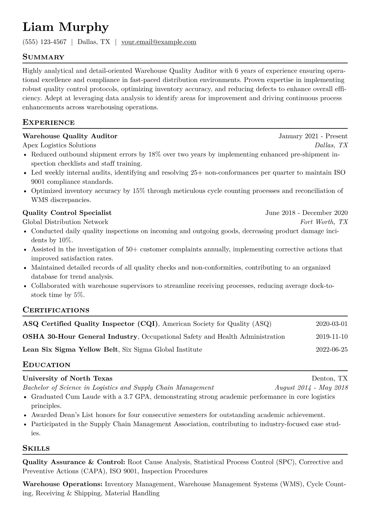 Warehouse Quality Auditor Resume Example CV template - Page 1