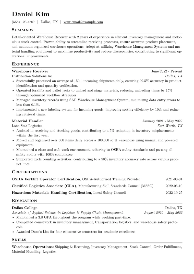 Warehouse Receiver Resume Example CV template preview