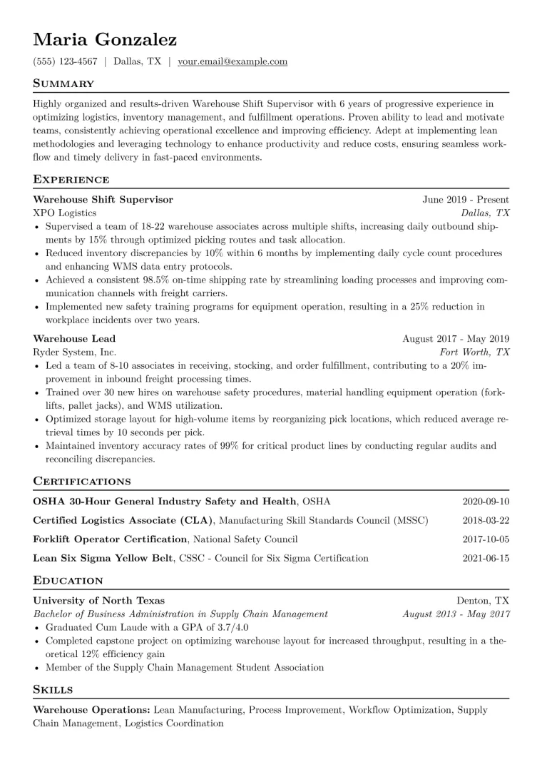 Warehouse Shift Supervisor Resume Example CV template preview