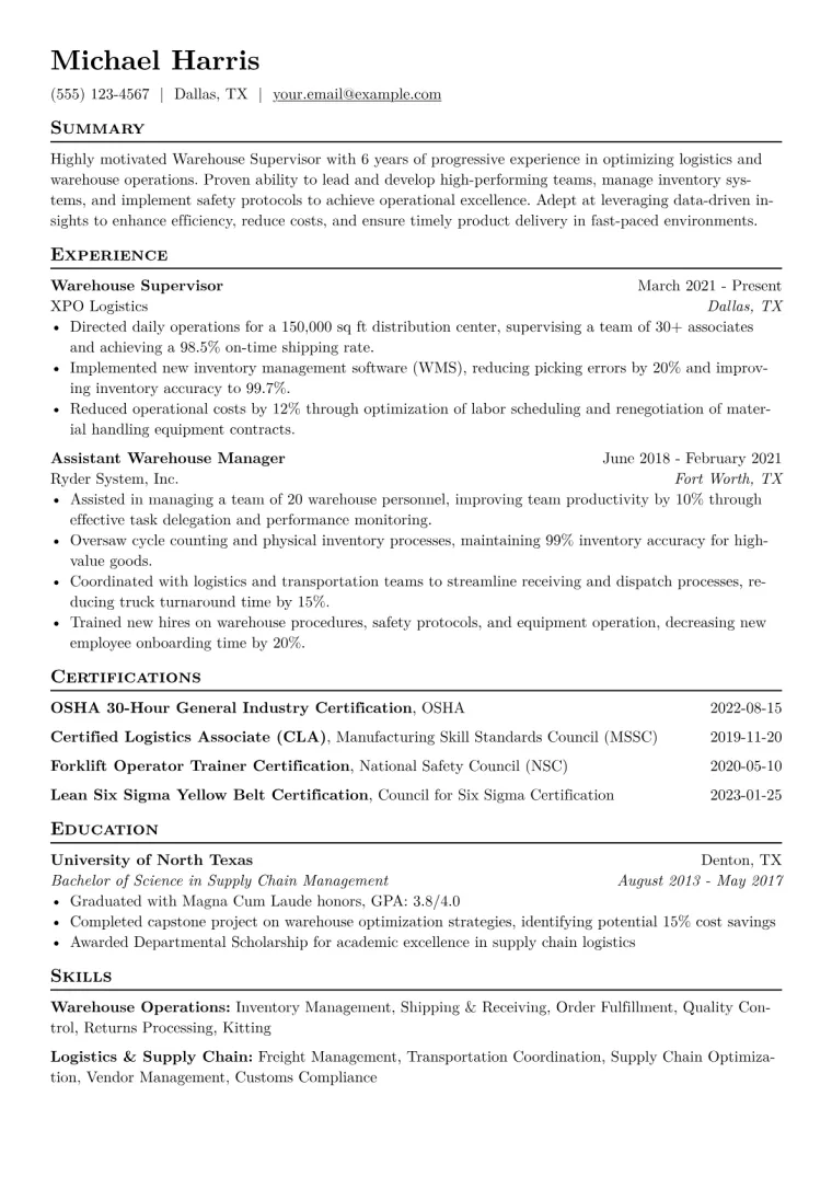 Warehouse Supervisor Resume Example CV template preview