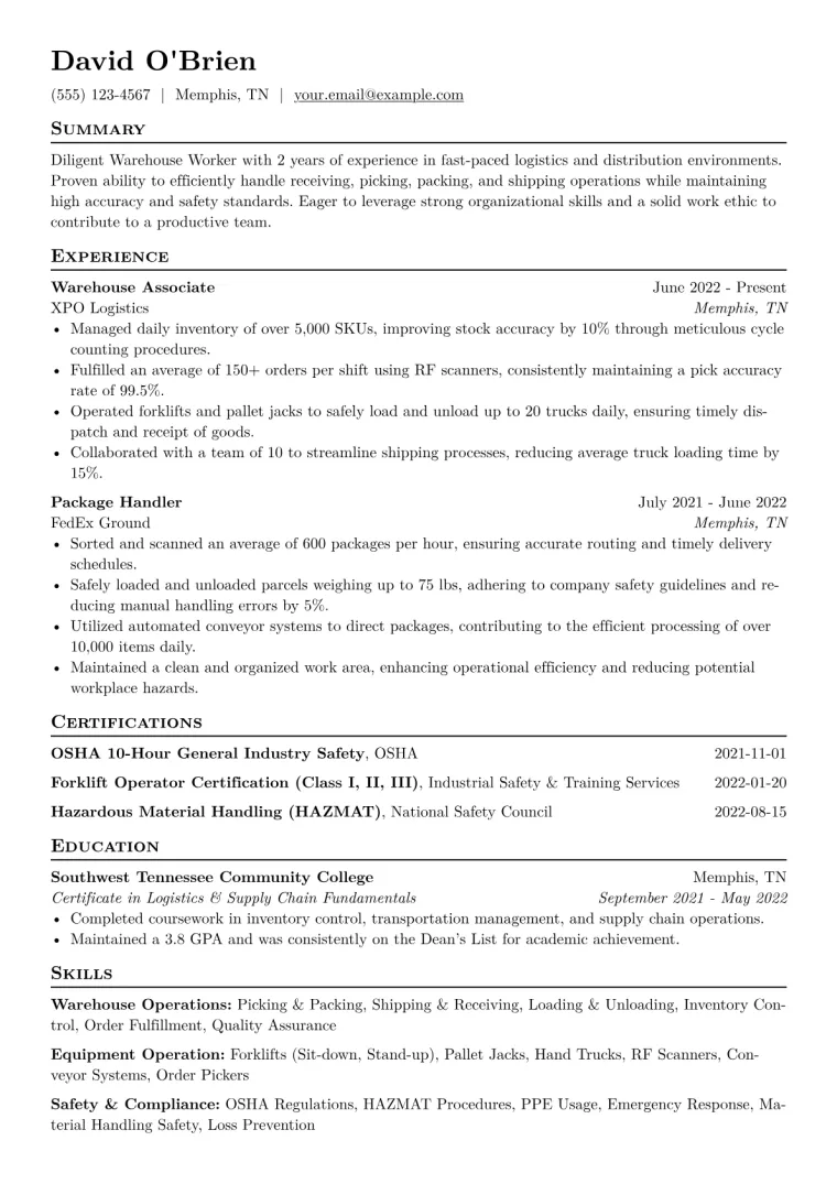 Warehouse Worker Resume Example CV template preview