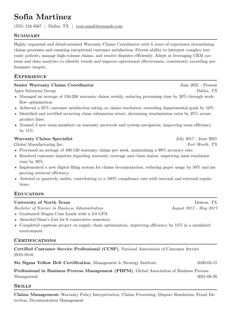 Warranty Claims Coordinator Resume Example CV template preview