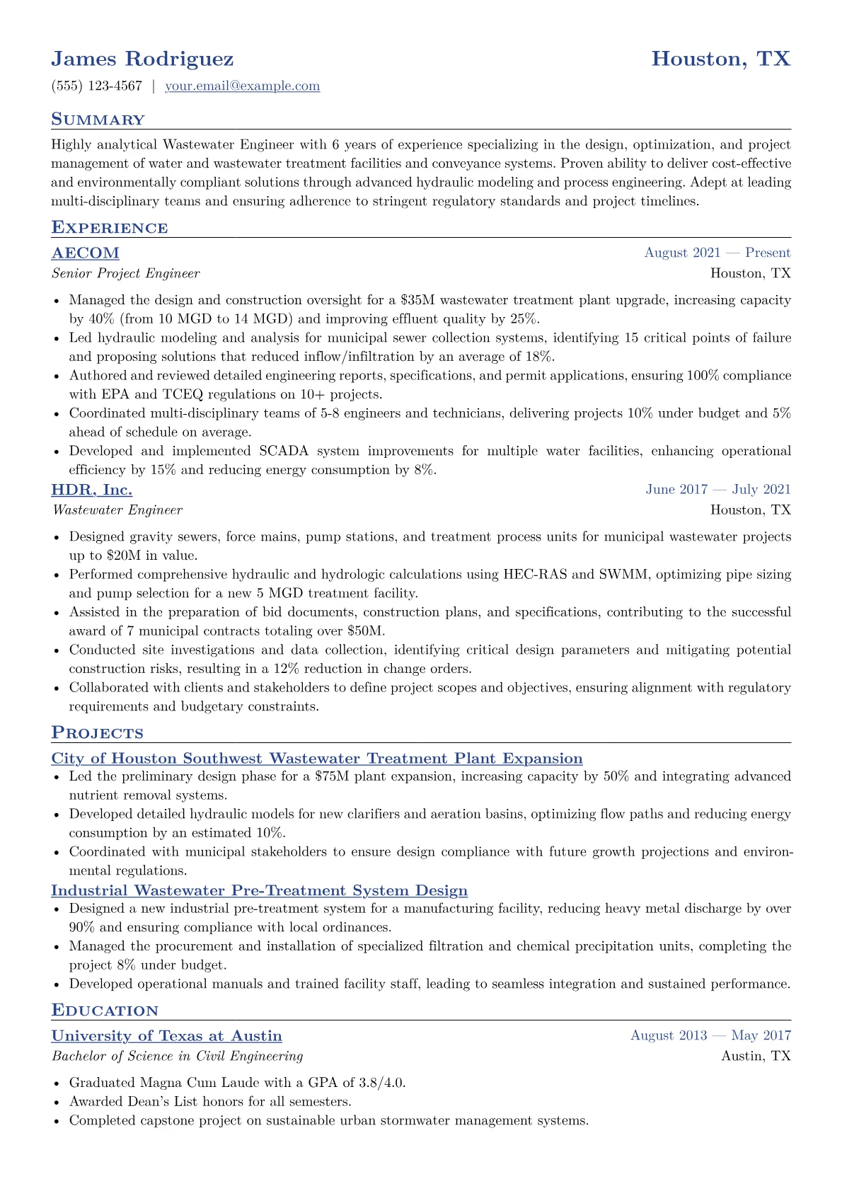 Wastewater Engineer Resume Example CV template - Page 1