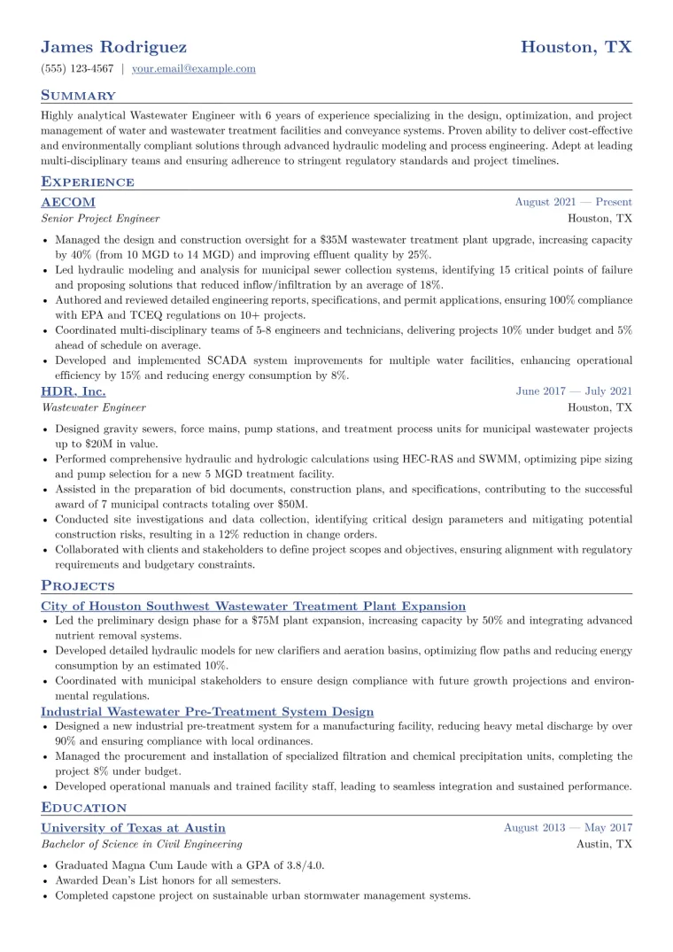 Wastewater Engineer Resume Example CV template preview