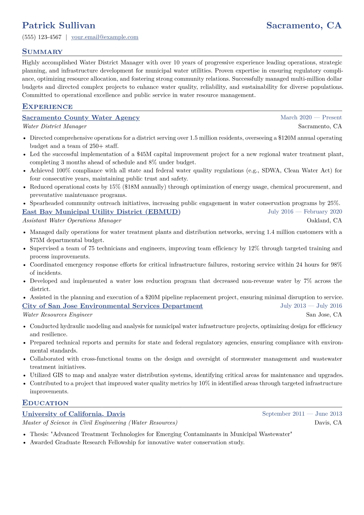 Water District Manager Resume Example CV template - Page 1