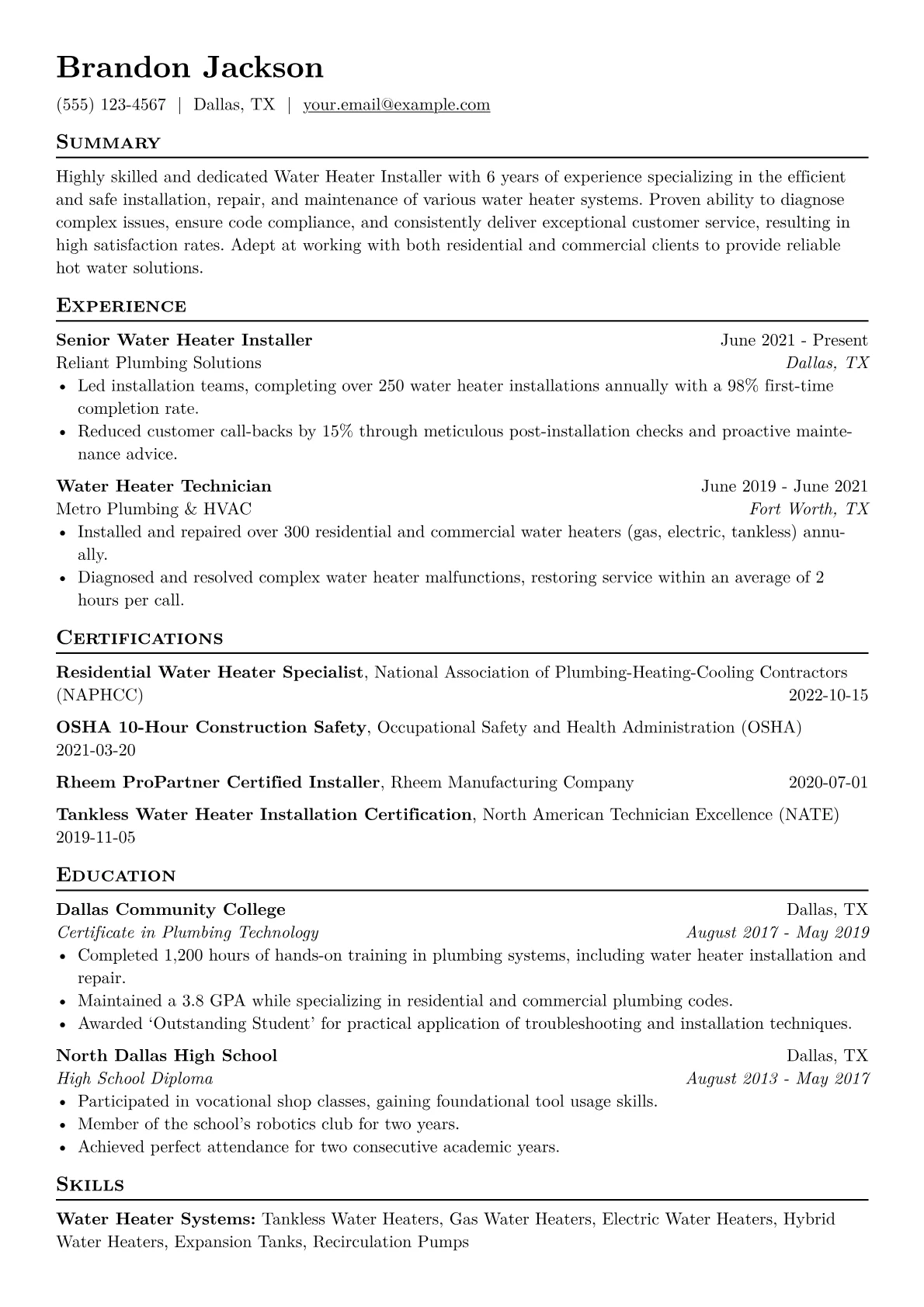 Water Heater Installer Resume Example CV template - Page 1