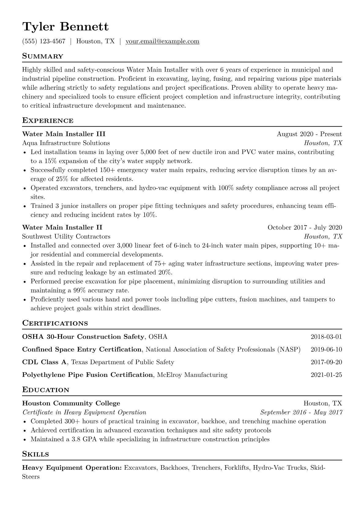 Water Main Installer Resume Example CV template - Page 1