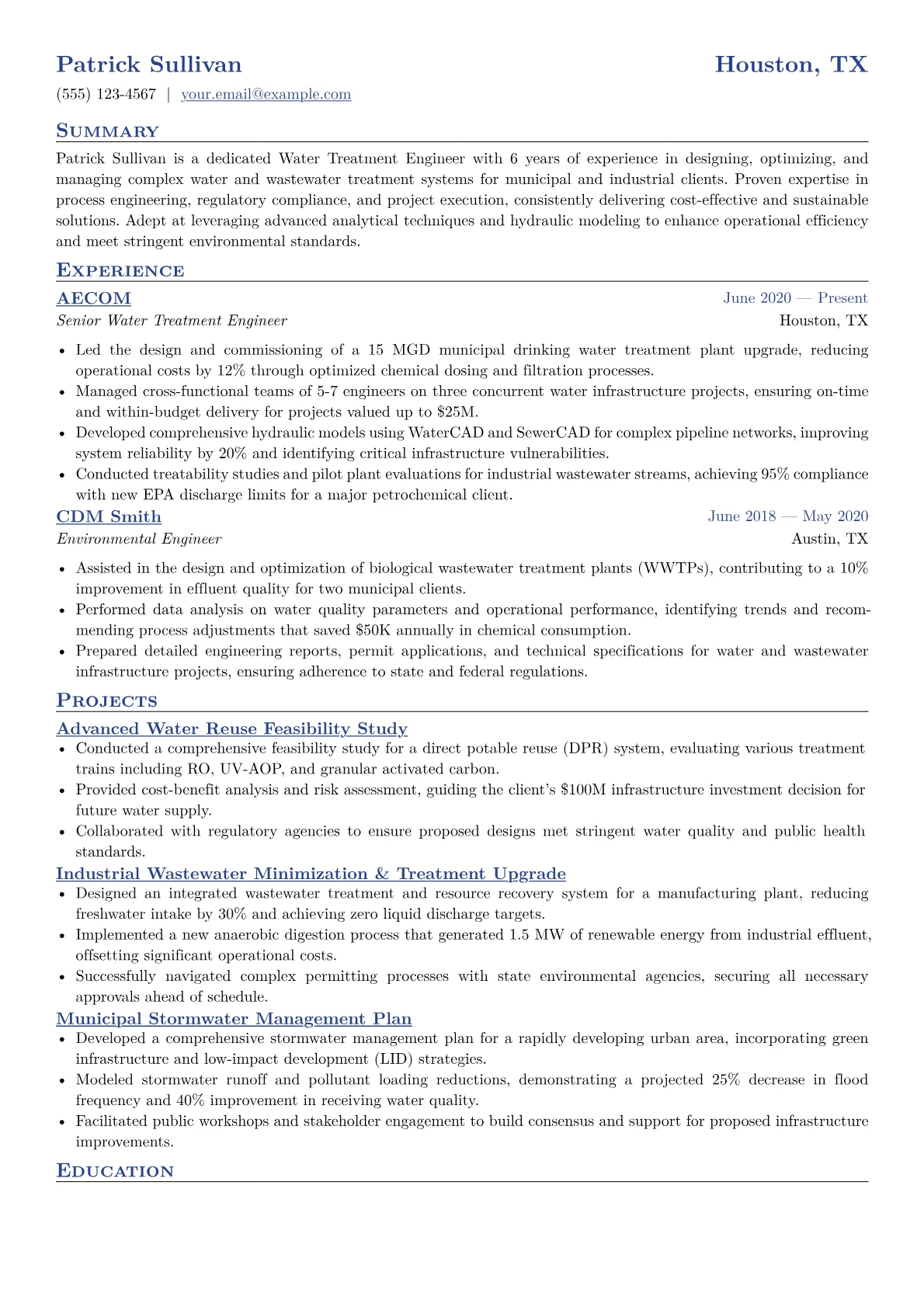 Water Treatment Engineer Resume Example CV template - Page 1