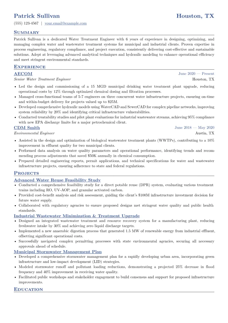 Water Treatment Engineer Resume Example CV template preview