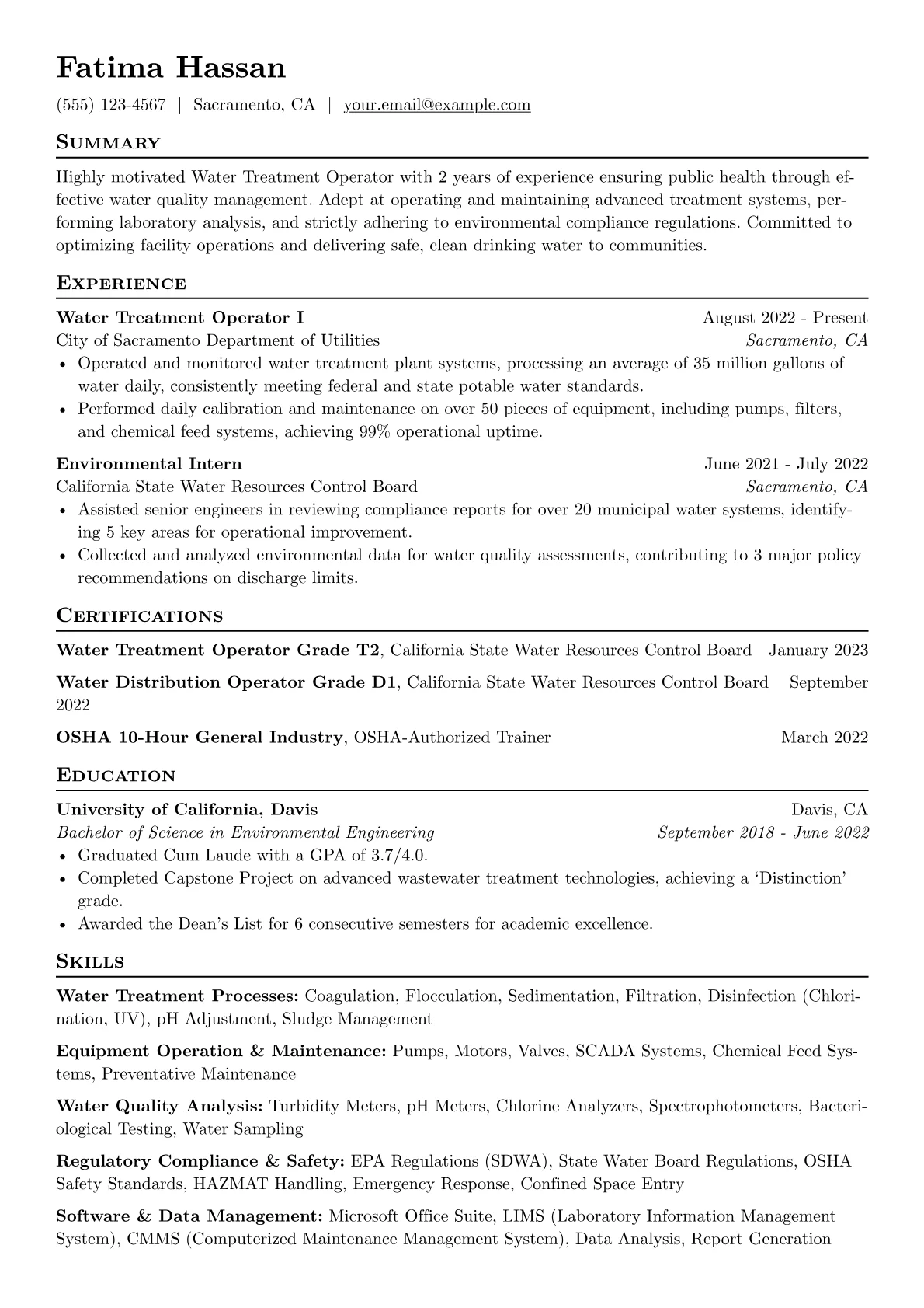 Water Treatment Operator Resume Example CV template - Page 1