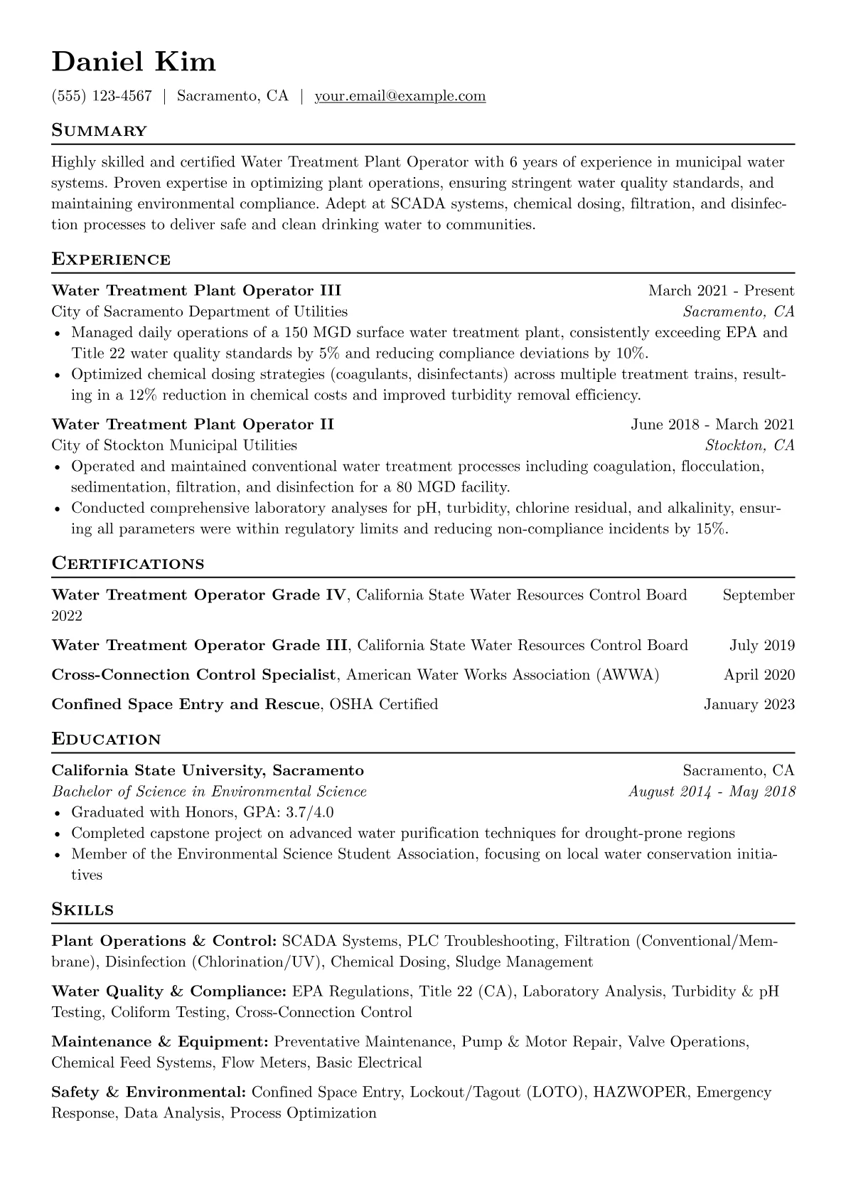 Water Treatment Plant Operator Resume Example CV template - Page 1
