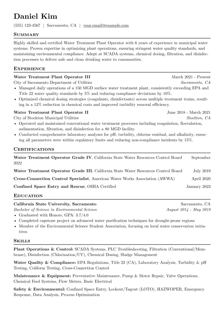 Water Treatment Plant Operator Resume Example CV template preview