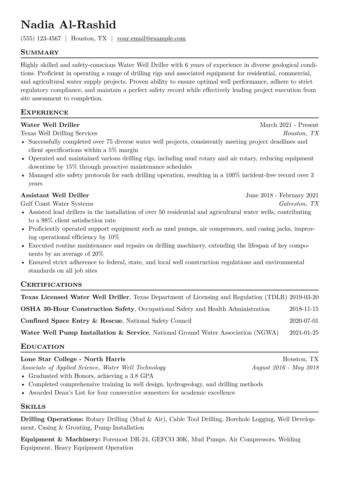 Water Well Driller Resume Example CV template - Page 1