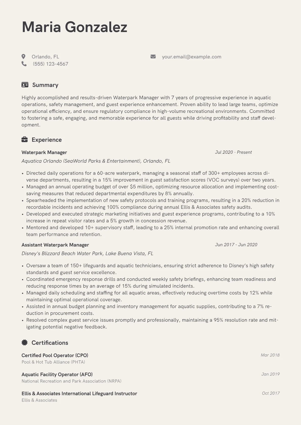 Waterpark Manager Resume Example CV template - Page 1