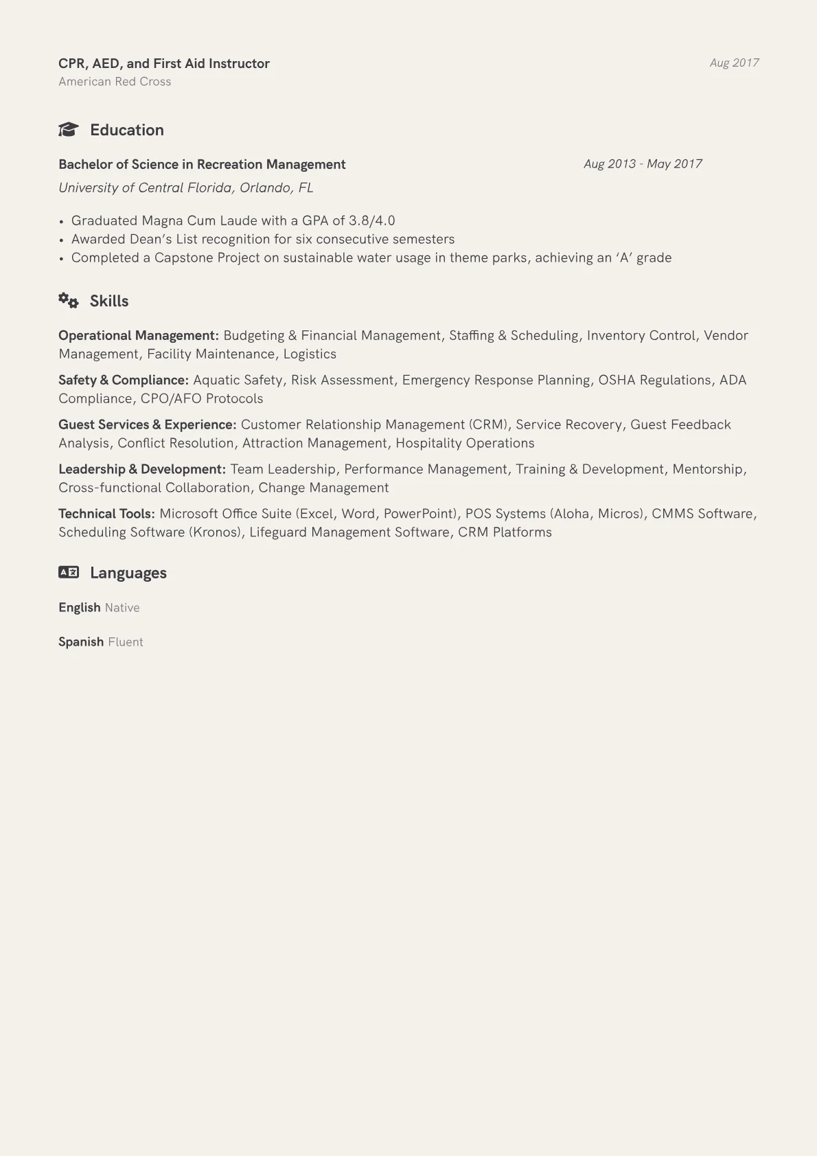Waterpark Manager Resume Example CV template - Page 2