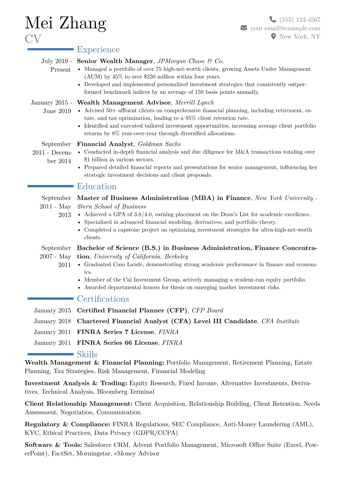 Wealth Manager Resume Example CV template - Page 1