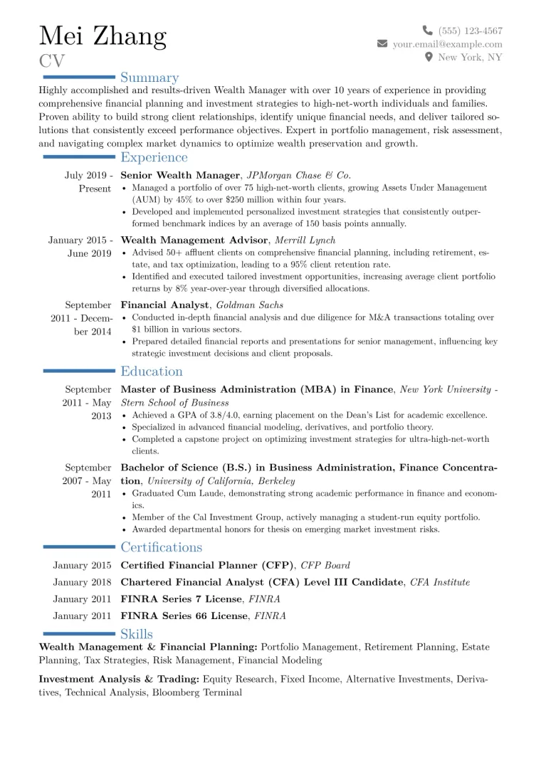 Wealth Manager Resume Example CV template preview