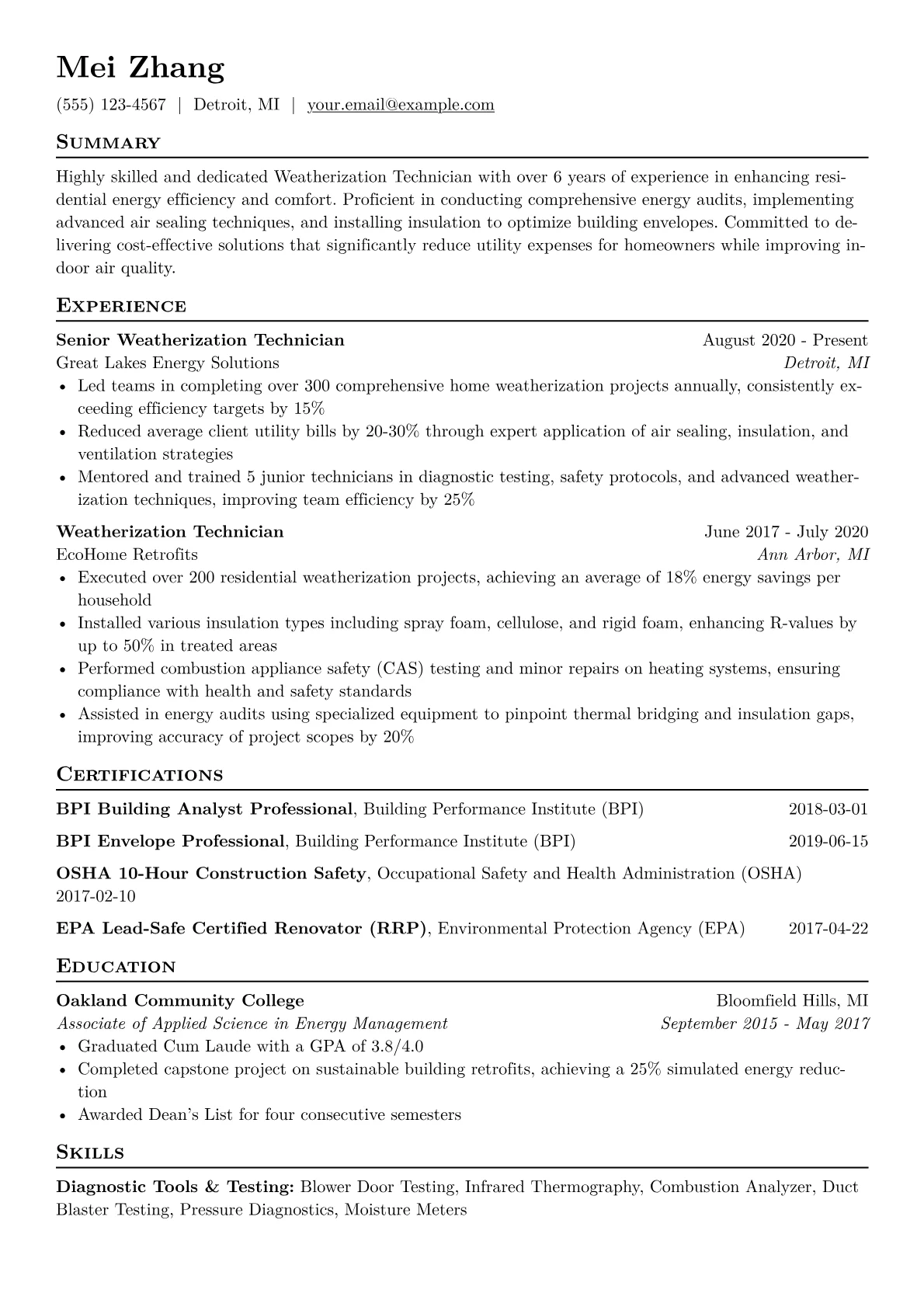 Weatherization Technician Resume Example CV template - Page 1
