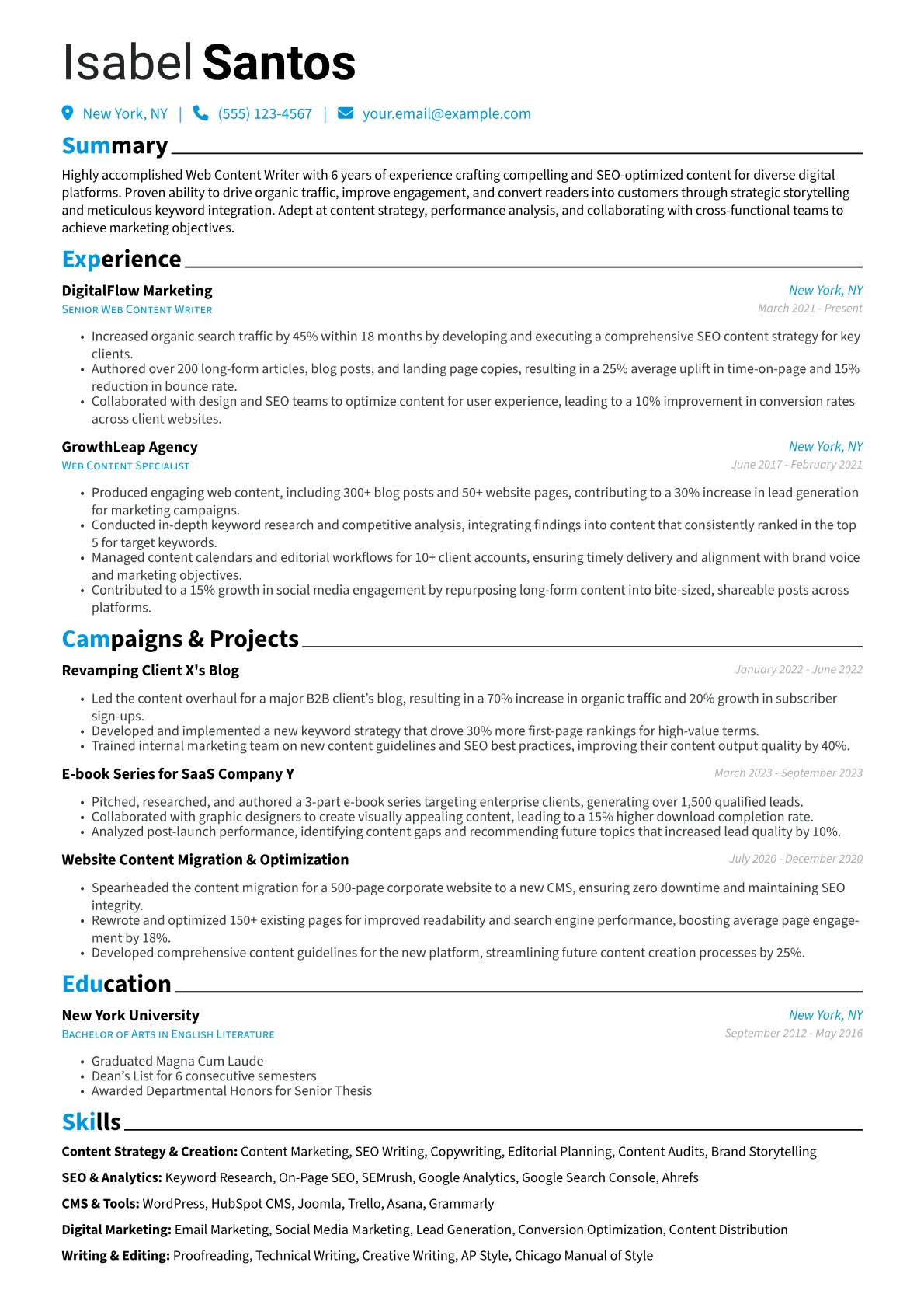 Web Content Writer Resume Example CV template - Page 1