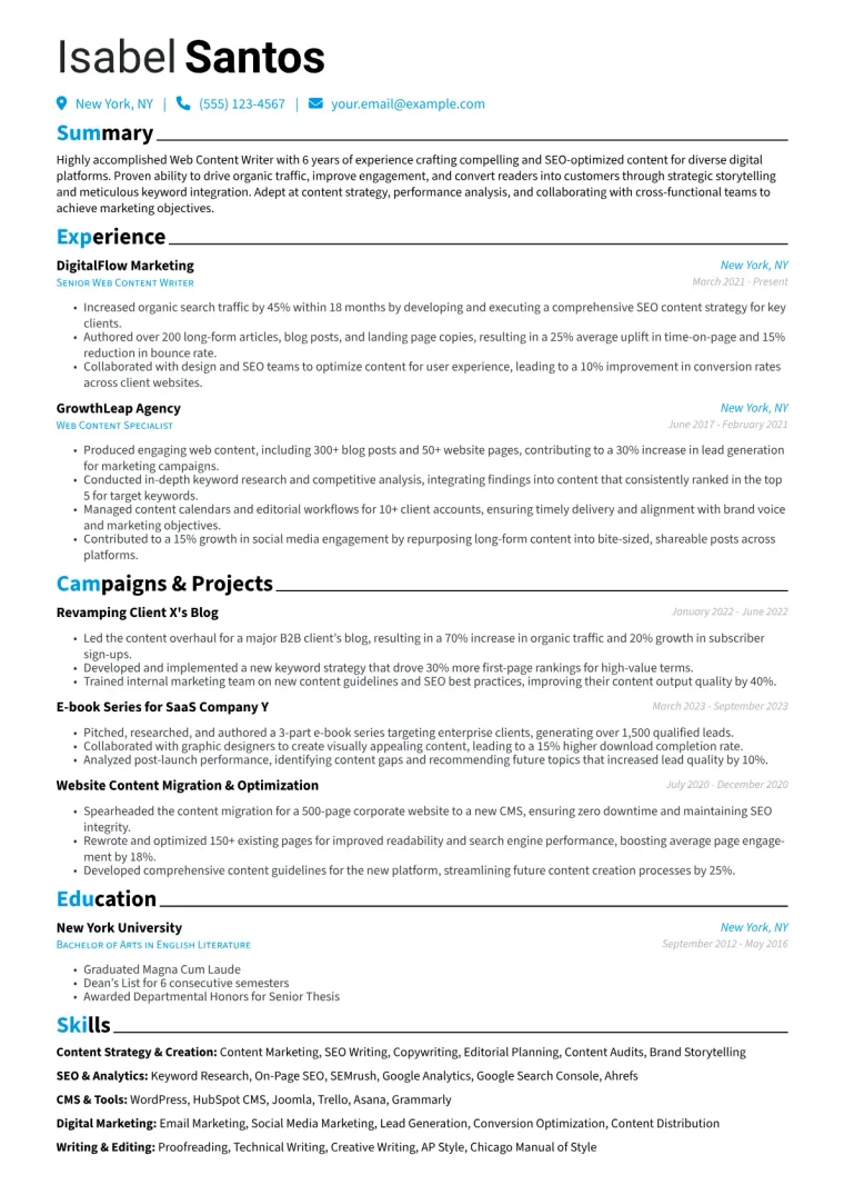 Web Content Writer Resume Example CV template preview