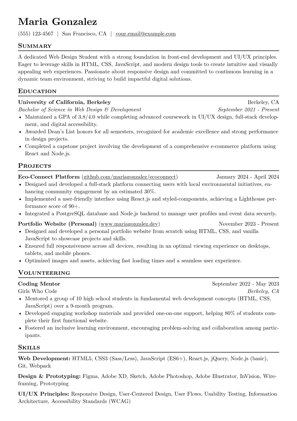 Web Design Student Resume Example CV template - Page 1
