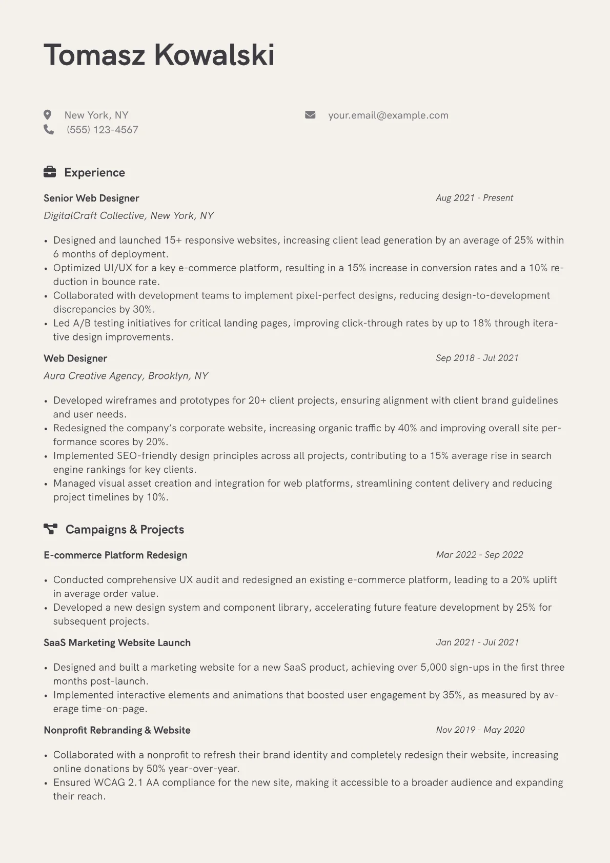 Web Designer Resume Example CV template - Page 1