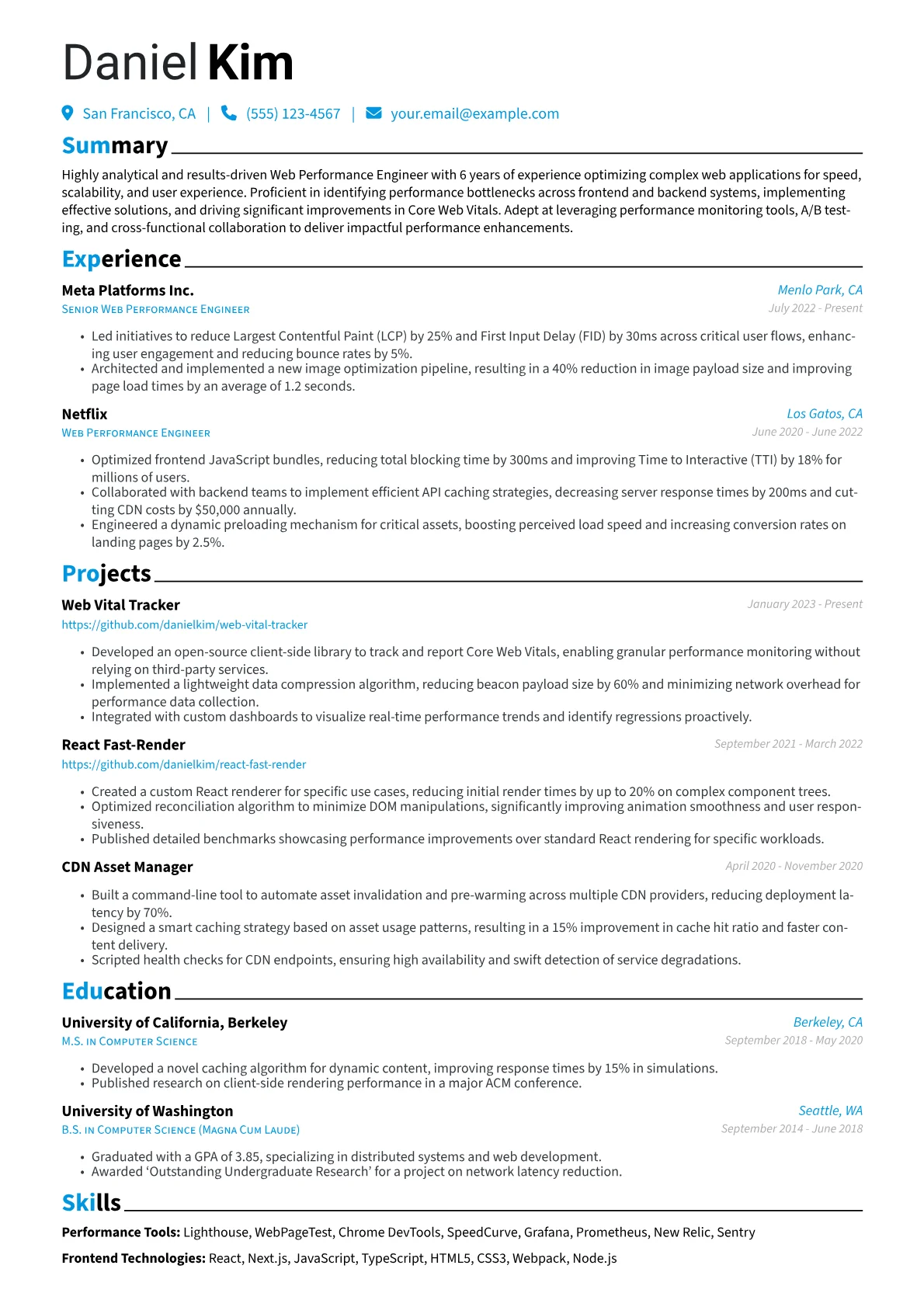 Web Performance Engineer Resume Example CV template - Page 1