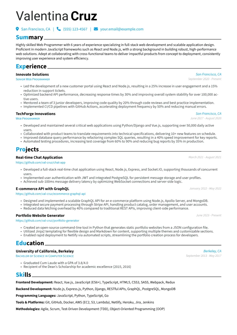 Web Programmer Resume Example CV template preview