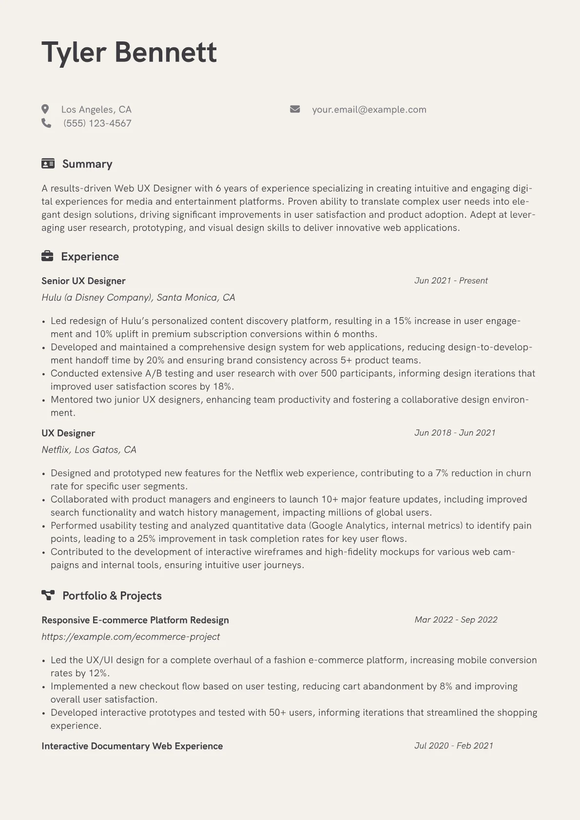 Web UX Designer Resume Example CV template - Page 1