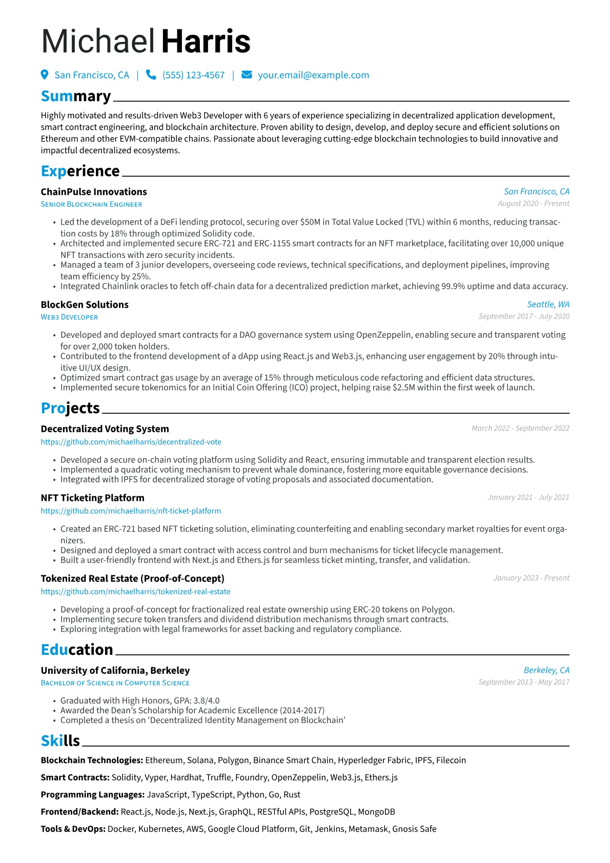 Web3 Developer Resume Example CV template - Page 1