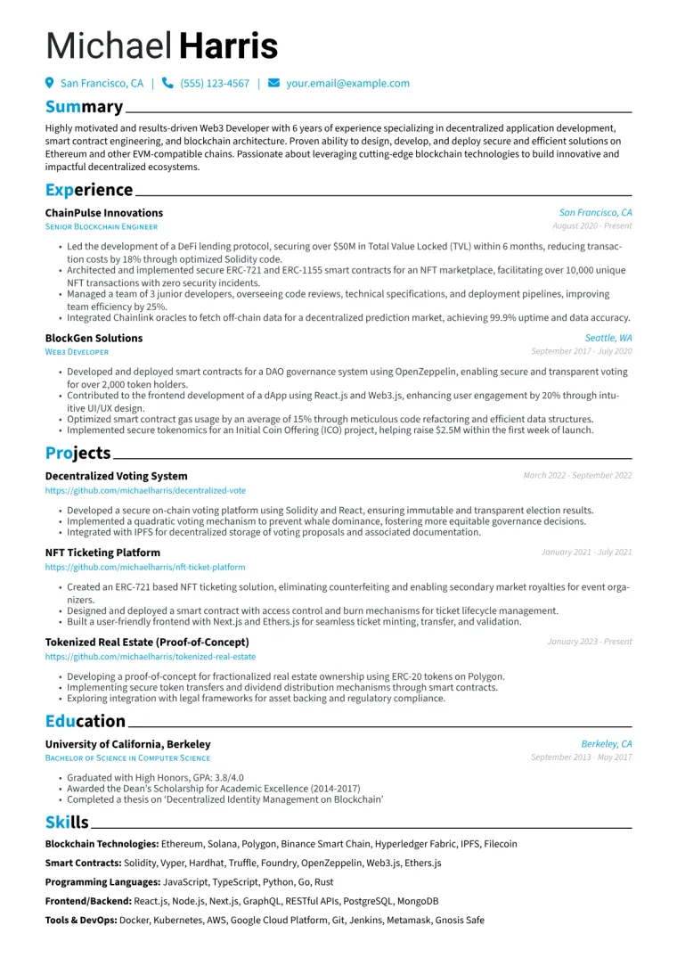 Web3 Developer Resume Example CV template preview
