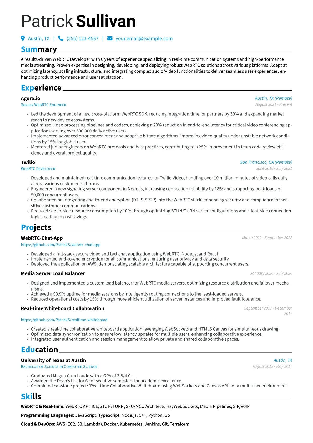 WebRTC Developer Resume Example CV template - Page 1