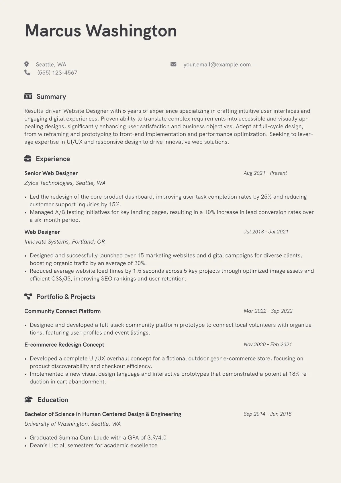 Website Designer Resume Example CV template - Page 1