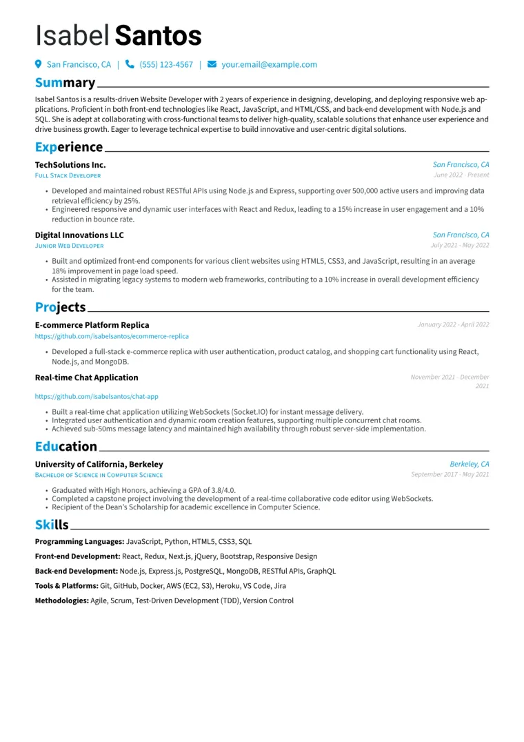 Website Developer Resume Example CV template preview