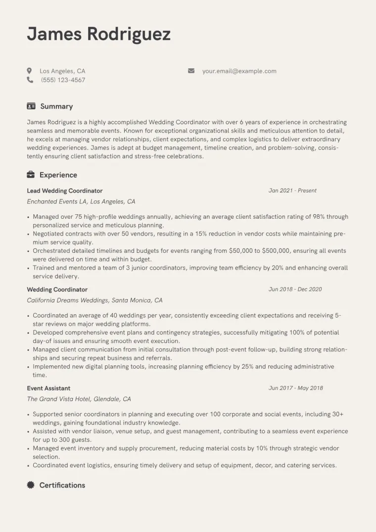 Wedding Coordinator Resume Example CV template preview