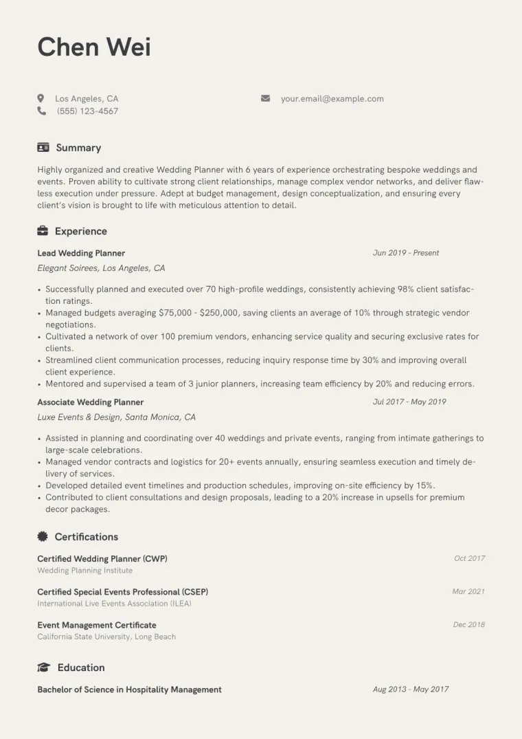 Wedding Planner Resume Example CV template preview
