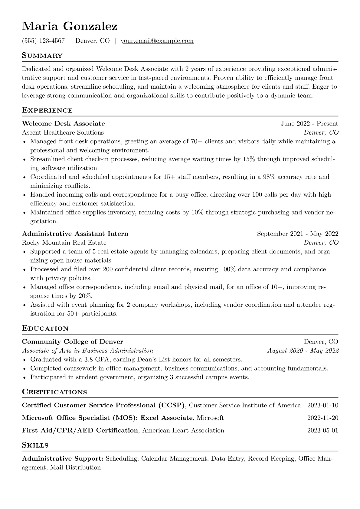 Welcome Desk Associate Resume Example CV template - Page 1