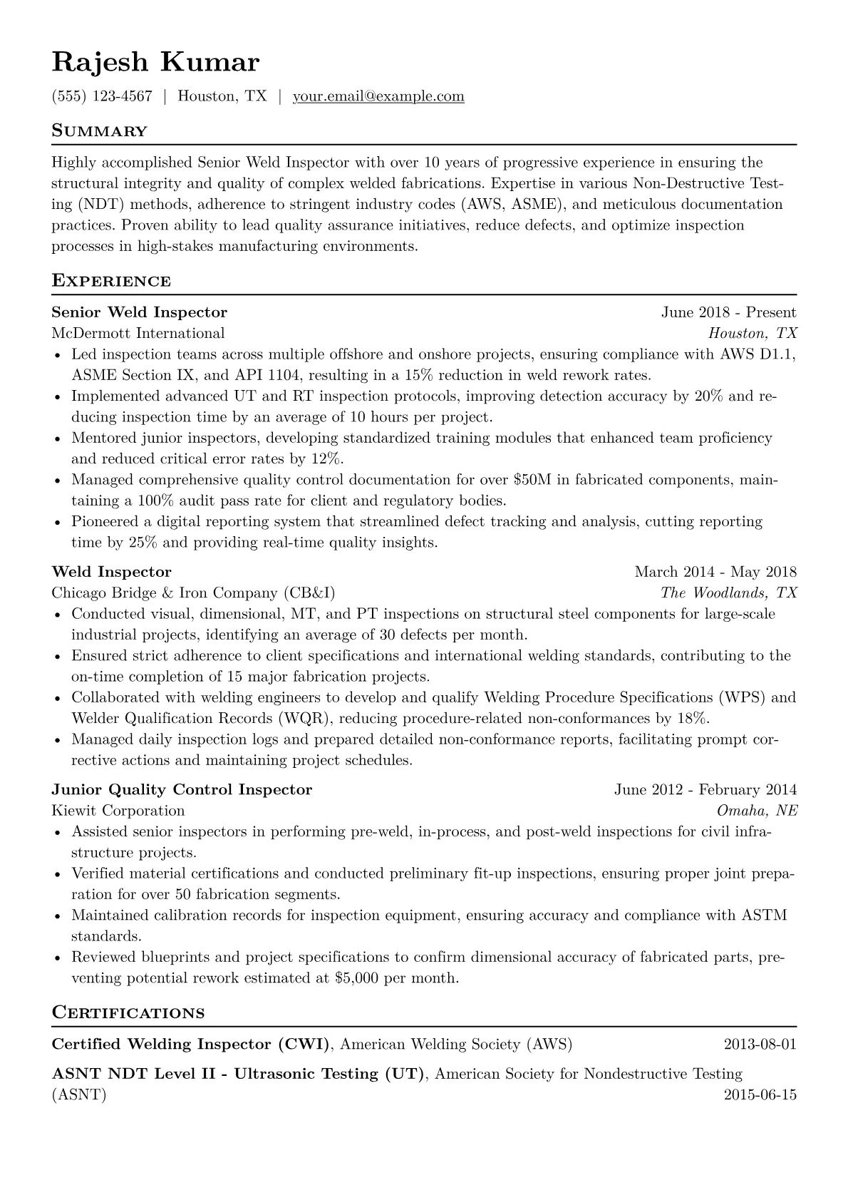 Weld Inspector Resume Example CV template - Page 1